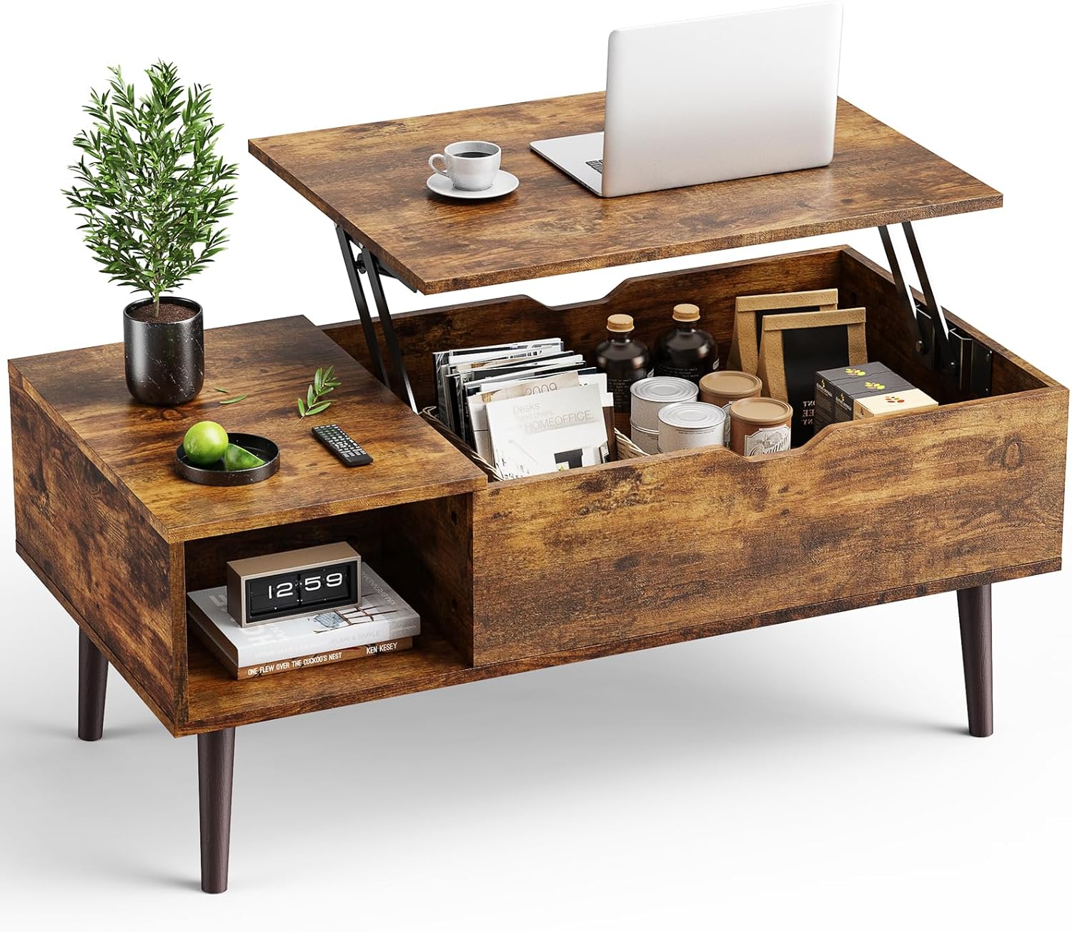 OLIXIS Wood Lift Top Coffee Table with Hidden Compartment and Large Storage Shelf, Lift Tabletop Dining Center Table for Home Living Room Office, Black