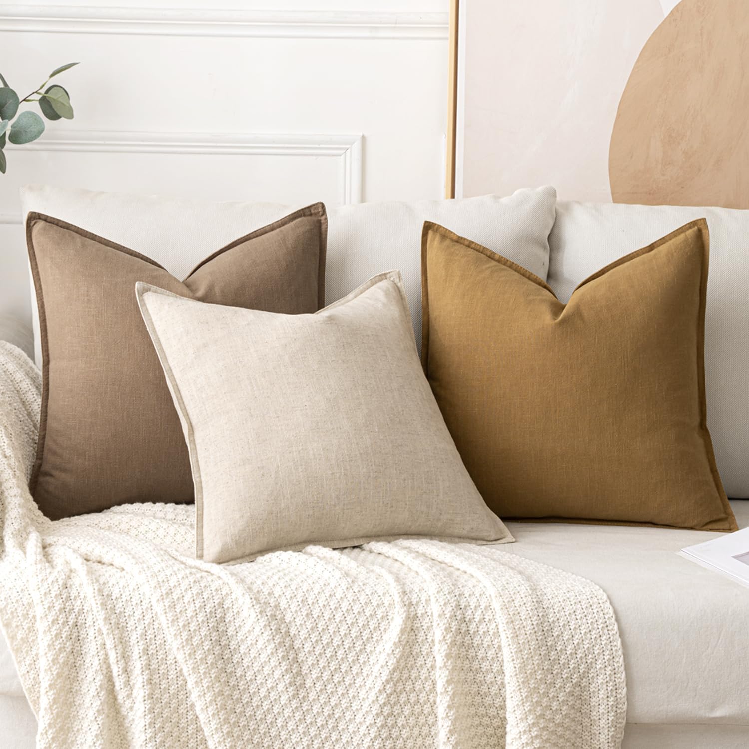 MIULEE Decorative Linen Euro Sham Pillow Covers 24x24 Natural Beige Boho Farmhouse Neutral Couch Throw Pillows for Bed Pack of 2 Accent Modern Pillowcase Sofa Livingroom Home Decor