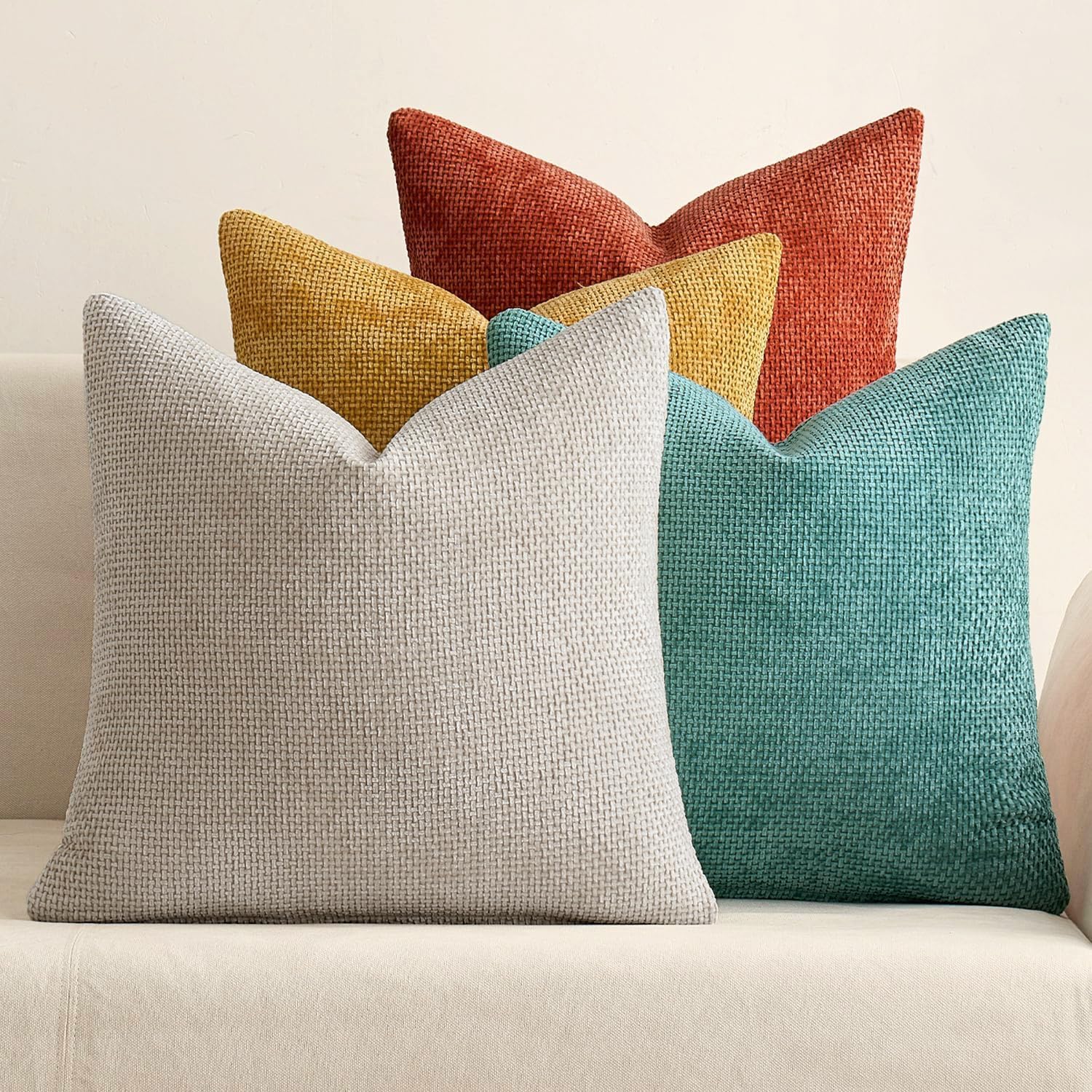 Pack of 4 Couch Throw Pillow Covers 18x18 Inch Neutral Soft Decorative Chenille Pillow Covers Farmhouse Boho Cushion Covers for Mid Century Modern Spring Home Decor Sofa Bedroom Living Room