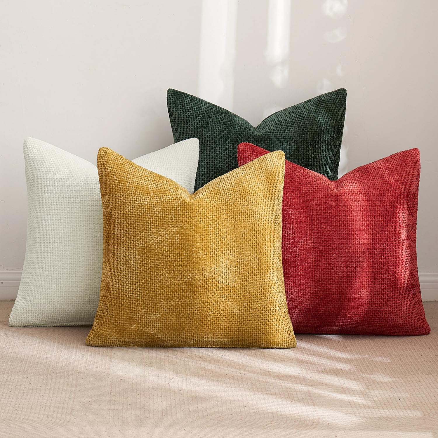 MIULEE Pack of 4 Couch Throw Pillow Covers 18x18 Inch Neutral Soft Decorative Chenille Pillow Covers Farmhouse Boho Cushion Covers for Mid Century Modern Spring Home Decor Sofa Bedroom Living Room