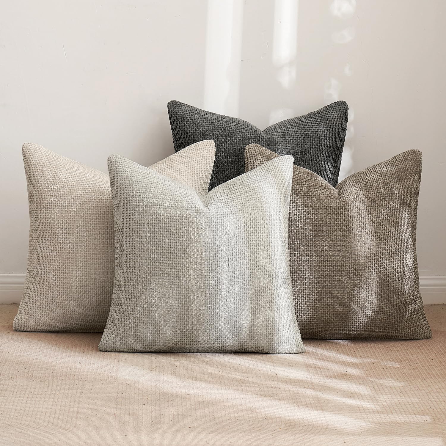 MIULEE Pack of 4 Couch Throw Pillow Covers 18x18 Inch Neutral Soft Decorative Chenille Pillow Covers Farmhouse Boho Cushion Covers for Mid Century Modern Spring Home Decor Sofa Bedroom Living Room