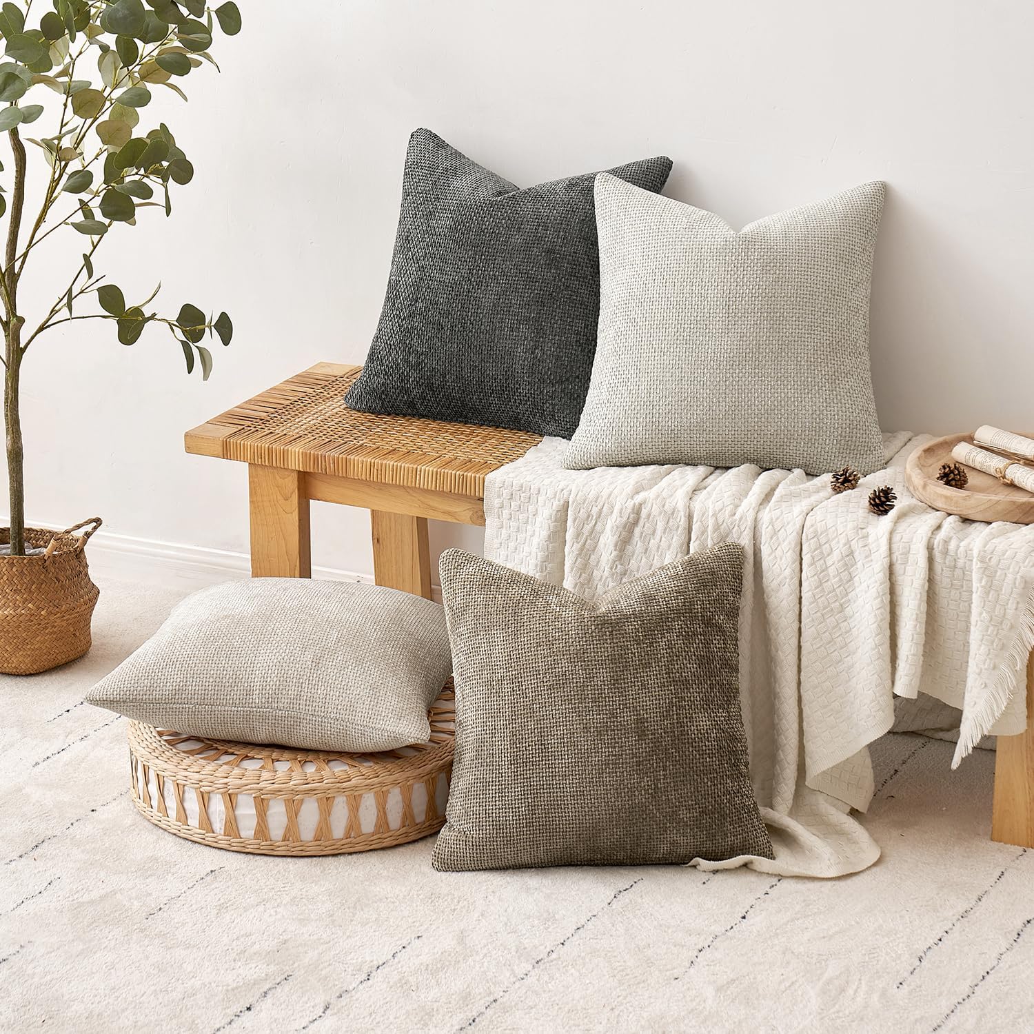 MIULEE Pack of 4 Couch Throw Pillow Covers 18x18 Inch Neutral Soft Decorative Chenille Pillow Covers Farmhouse Boho Cushion Covers for Mid Century Modern Spring Home Decor Sofa Bedroom Living Room