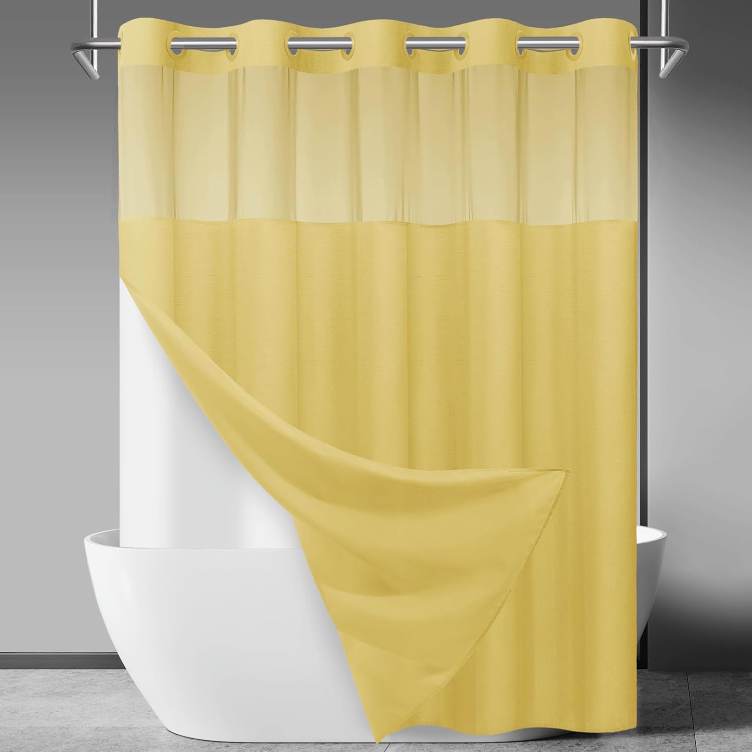 No Hook Slub Textured Shower Curtain with Snap in Liner - Black Fabric Outer Curtain & Waterproof Inner Liner, Hotel Style with See Through Top Window, 71x74 in
