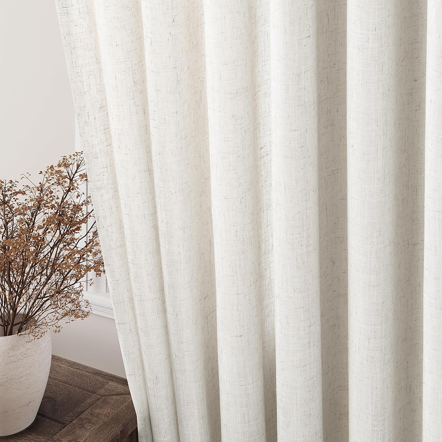 Cream Linen Back Tab Curtains 84 Inch Length for Living Room 2 Panel Set Neutral Modern Farmhouse Window Privacy Semi Sheer Linen Drapes Rustic Pinch Pleated Look Curtain Natural Ivory Colored